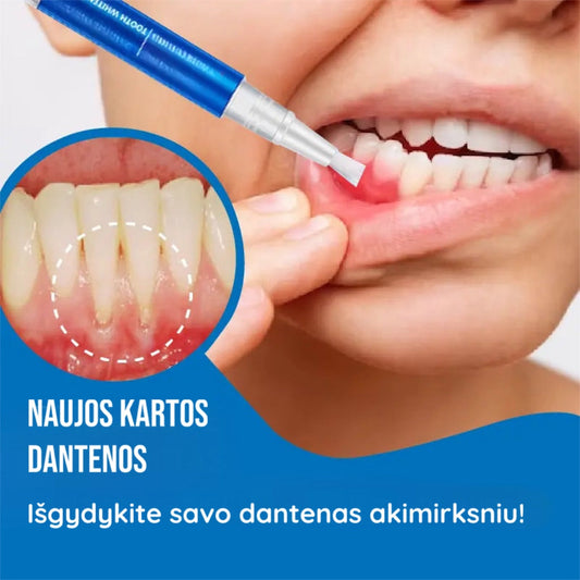 Mėlynas dantų gydymo pieštukas, šviesiai rožinės dantenos, švelni tekstūra.