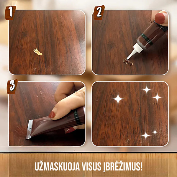 Medinio paviršiaus įbrėžimo užpildymas remonto kremu