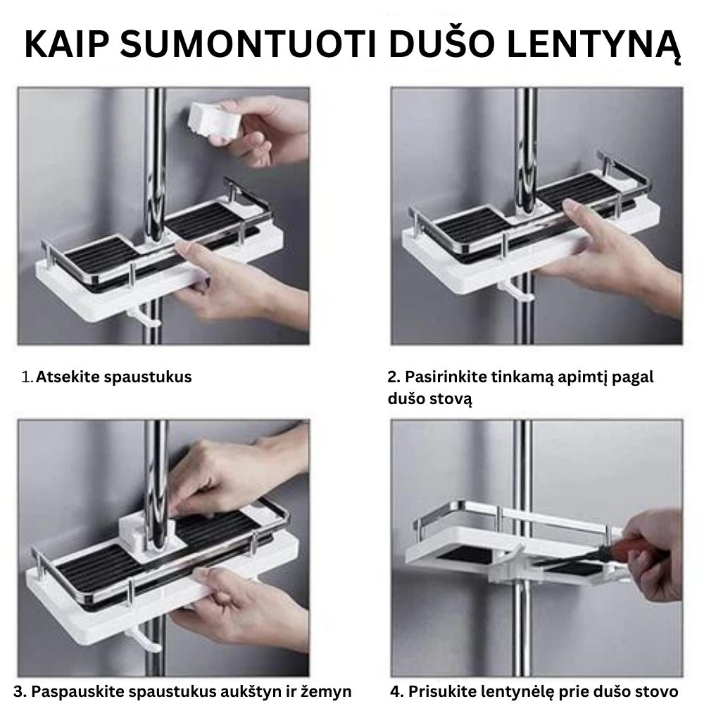 Dušo lentyna, balta, kvadratinė, su juodomis grotelėmis, montavimo instrukcijos.