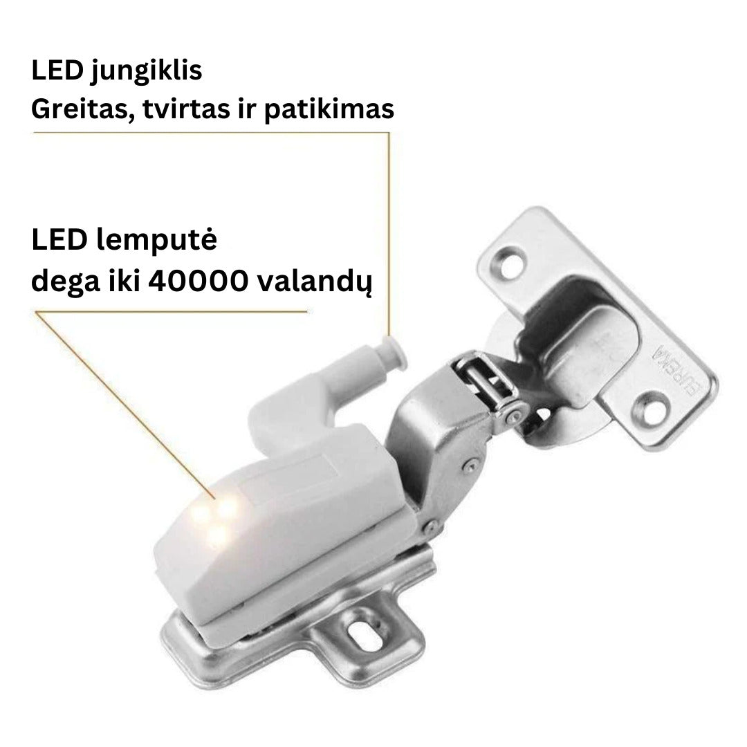 LED jungiklis, sidabrinis metalas, baltas plastikas, kompaktiška forma, šviesus LED indikatorius.