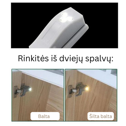 Šalto ir šilto apšvietimo pasirinkimo pavyzdžiai spintelėse