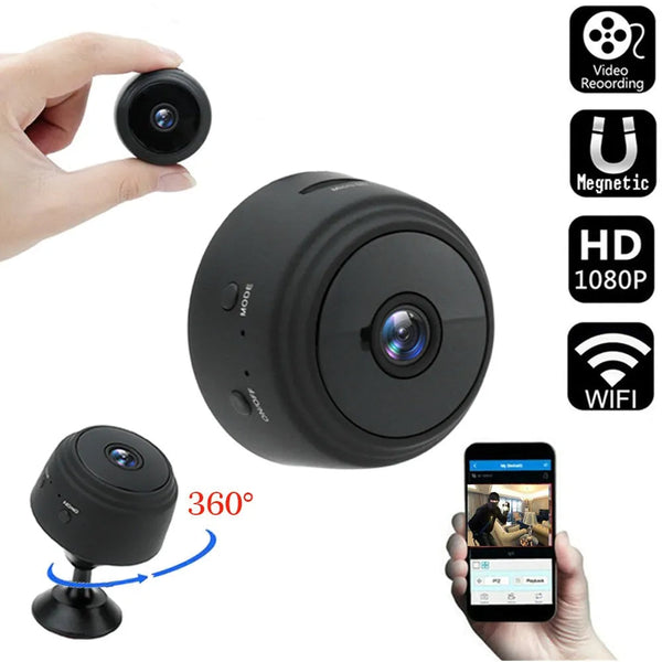 Juoda apvali mini kamera, laikiklis ir telefonas su 1080p bei Wi‑Fi ženklais