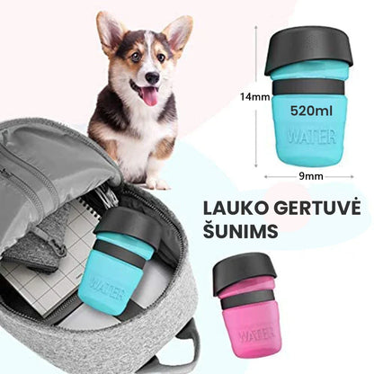 Mėlyna ir rožinė lauko gertuvė šunims, su gumine tekstūra ir juodu dangteliu.