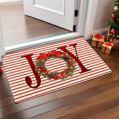 Raudonai baltas kalėdinis kilimėlis su vainiku ir žodžiu „Joy“