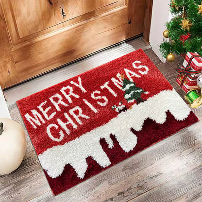 Raudonas kalėdinis durų kilimėlis su užrašu „Merry Christmas“ ir eglute