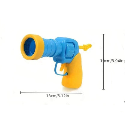 Mėlyno ir geltono žaislinio šautuvo 13 ir 10 cm matmenys