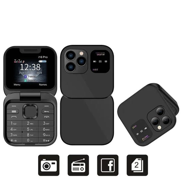 Juodas sulankstomas i16 Pro telefonas atvertas ir užvertas