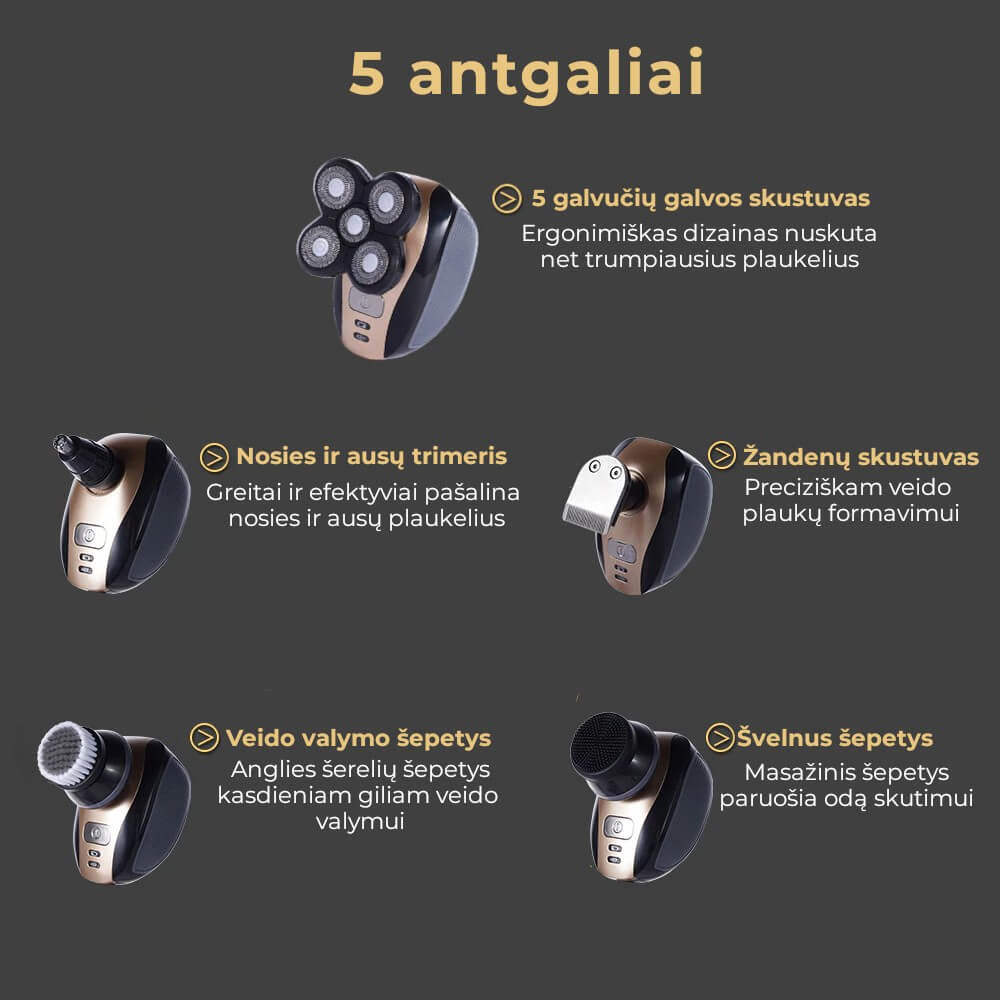 Ergonomiškas skustuvas su penkiomis galvutėmis, juodos ir auksinės spalvos, švelni tekstūra.