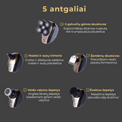 Ergonomiškas skustuvas su penkiomis galvutėmis, juodos ir auksinės spalvos, švelni tekstūra.
