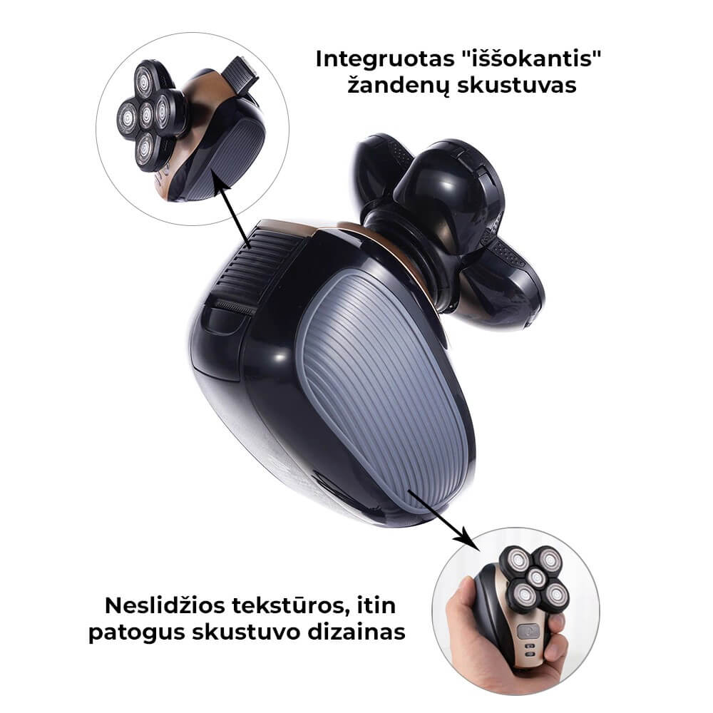 Juodas, ergonomiškas žandenų skustuvas su neslidžia tekstūra ir integruotu išsokančiu peiliuku.