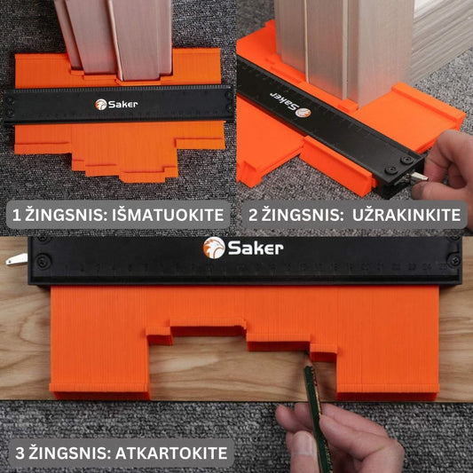 Oranžinis matavimo įrankis su juodu metaliniu kraštu, naudojamas kontūrams fiksuoti.
