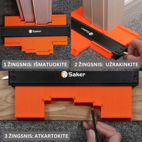 Oranžinis matavimo įrankis su juodu metaliniu kraštu, naudojamas kontūrams fiksuoti.