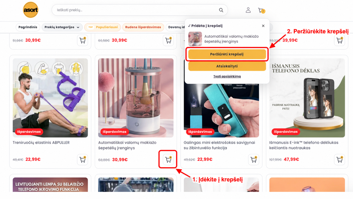 Asort.lt prekės puslapis su pasirinktu variantu ir mygtuku Įdėti į krepšelį