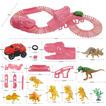 Rožinis dinozaurų trasos žaislas su raudonu automobiliu ir spalvotais dinozaurais.