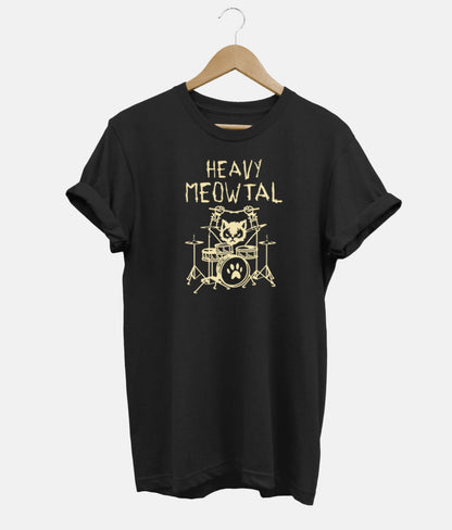Juodi marškinėliai su katės prie būgnų ir „Heavy Meowtal“ motyvu