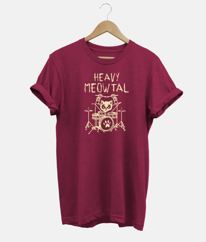 Bordo marškinėliai su katės prie būgnų ir „Heavy Meowtal“ motyvu