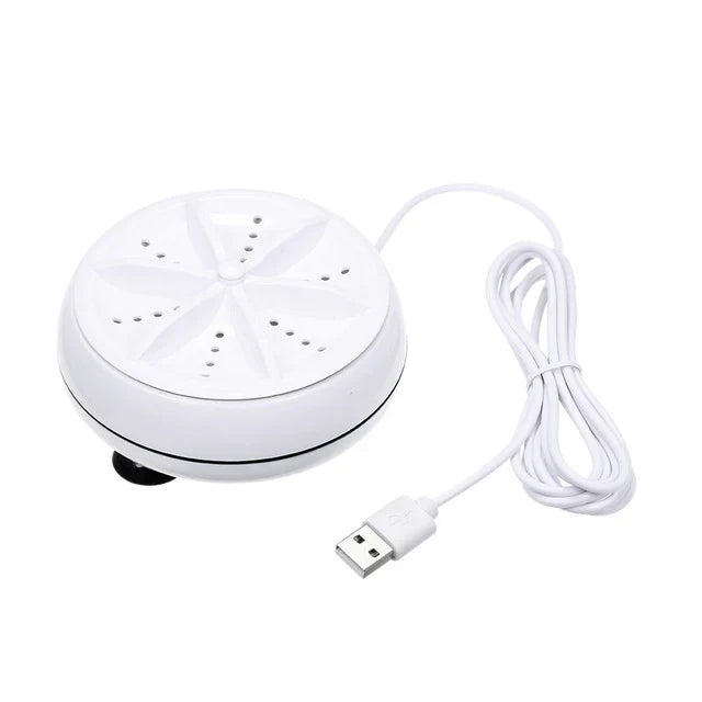 Baltas apvalus USB ventiliatorius su ilgu laidu ir juodu pagrindu.