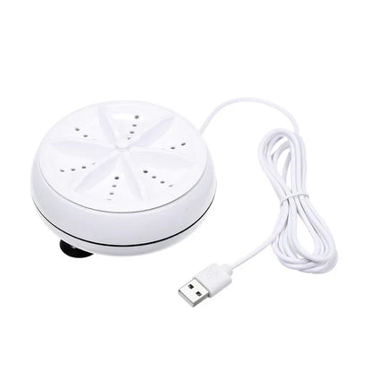 Baltas apvalus USB ventiliatorius su ilgu laidu ir juodu pagrindu.