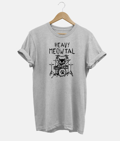 Pilki marškinėliai su katės prie būgnų ir „Heavy Meowtal“ motyvu