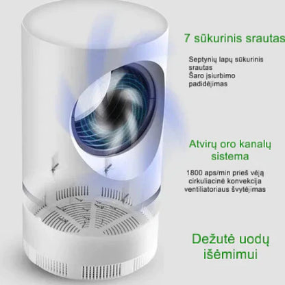 Uodų gaudyklės oro srauto ir išimamo surinkimo dėklo schema