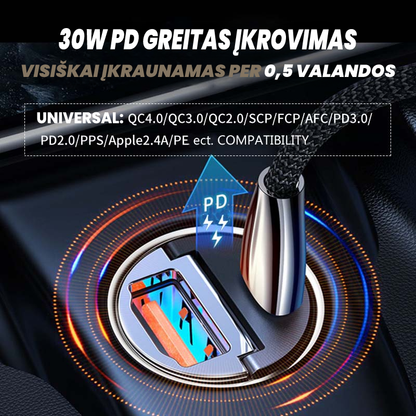 Juodo automobilinio įkroviklio USB-C ir USB-A jungtys bei 30 W žyma