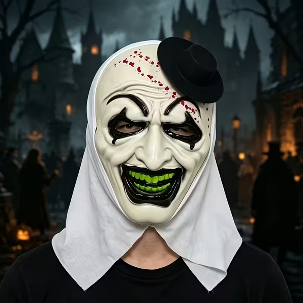 Šiurpios baltos kaukės juodos akių angos ir žalių dantų detalės