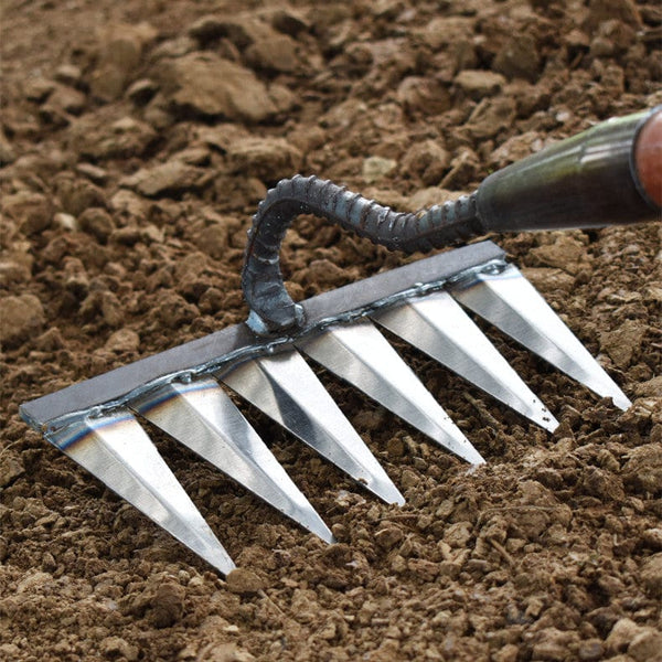 Septynių dantų metalinis grėblys purioje žemėje