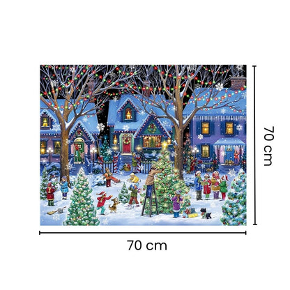 Kalėdinės dėlionės paveikslas su pažymėtais 70 × 70 cm matmenimis.