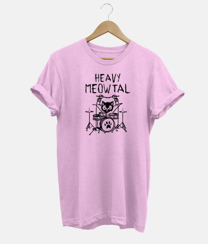 Rožiniai marškinėliai su katės prie būgnų ir „Heavy Meowtal“ motyvu