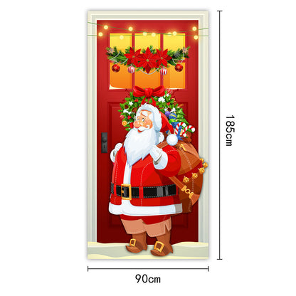 Kalėdinė durų uždanga – Kalėdų Senelis su elniais raudoname fone