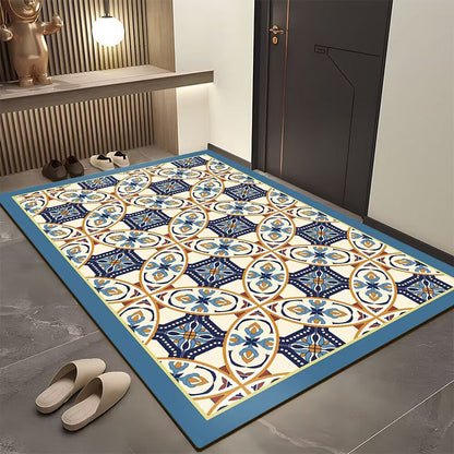 Smėlio ir mėlynų geometrinių ornamentų kilimėlis