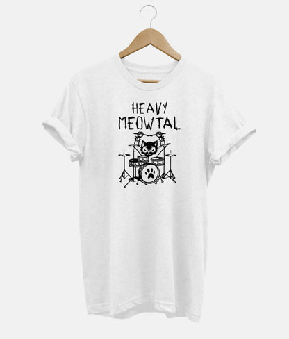 Balti marškinėliai su katės prie būgnų ir „Heavy Meowtal“ motyvu
