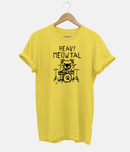 Geltoni marškinėliai su katės prie būgnų ir „Heavy Meowtal“ motyvu